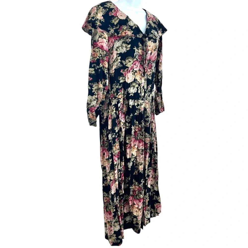 Vintage 90s Cottagecore Dark Floral Sailor Collar Midi Dress Size 7/8